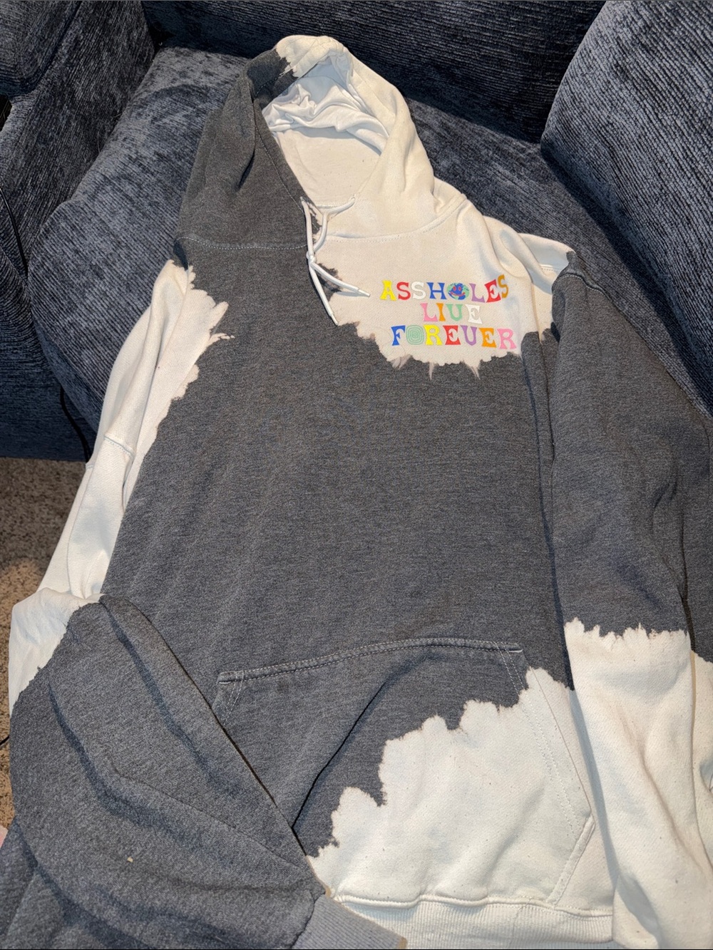 Tie-Dye Gray & White Pullover Hoodie with Colorful Chest Text